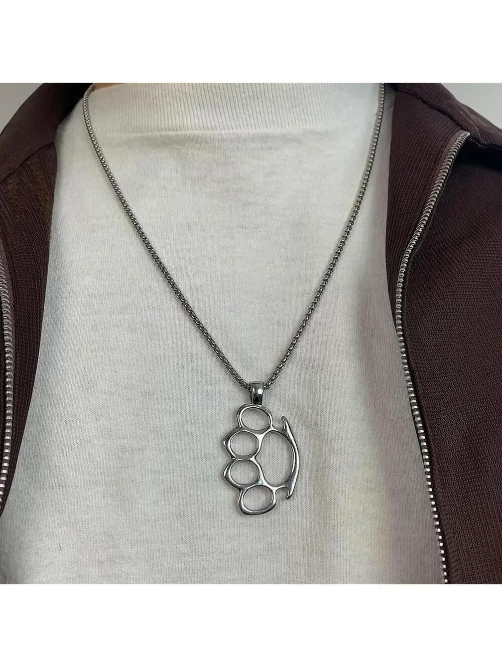 Cyber Grunge y2k Brass Knuckle Stainless Steel Silver Necklace. Chain is